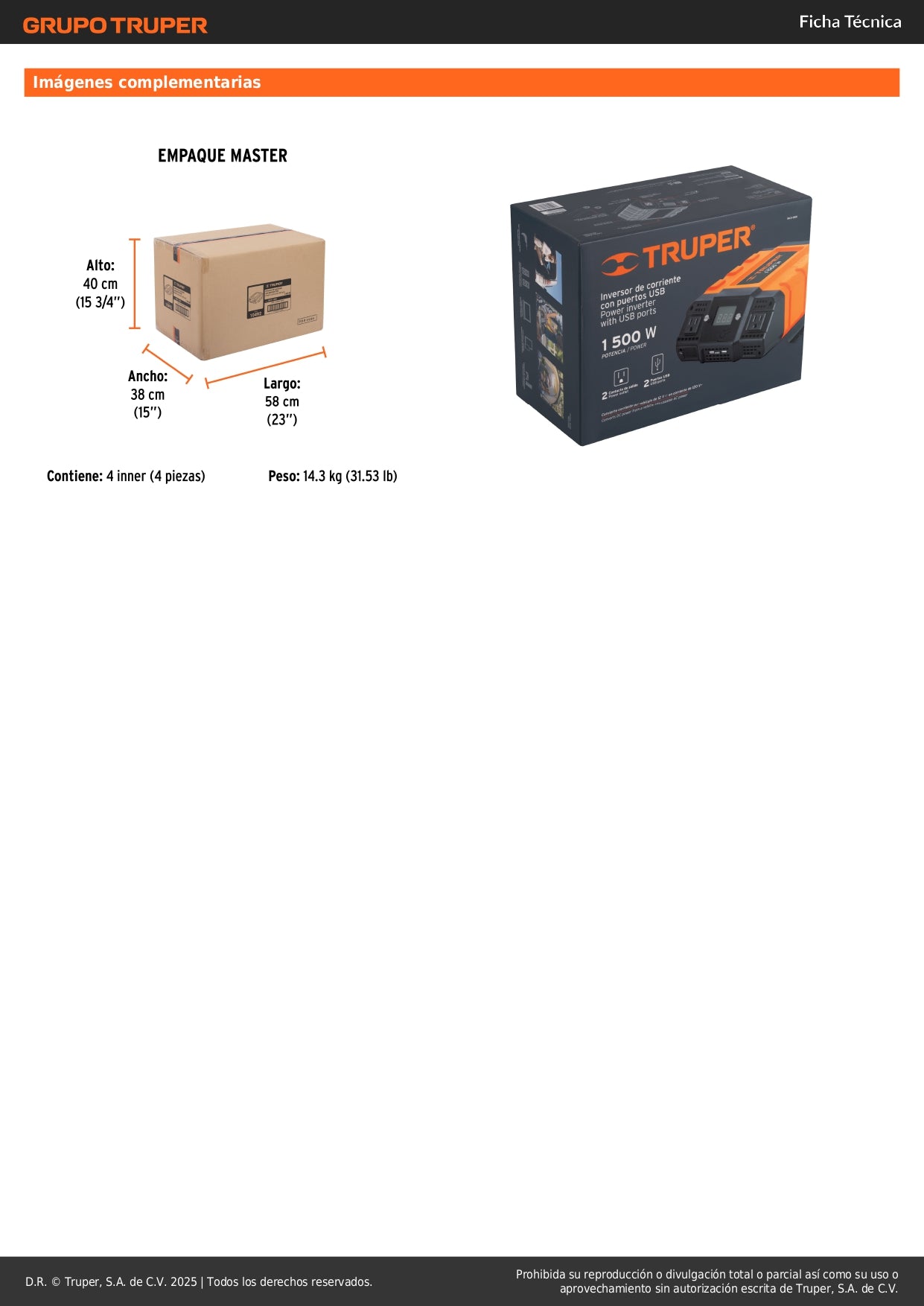 Inversor de Corriente 1500W Truper INCO-1500 - Convierte 12V a 120V con USB para Auto, Camión y Herramientas Portátiles