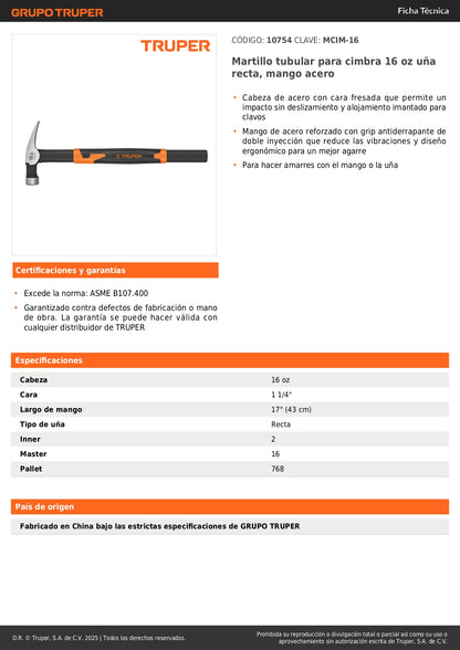 Martillo Tubular Cimbra 16 oz MCIM-16 - Mango Acero Antiderrapante, Cabeza Imantada, Uña Recta - Solución Profesional para Construcción y Carpintería