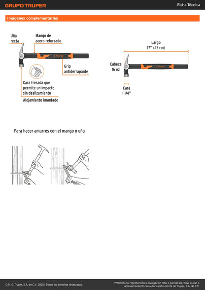 Martillo Tubular Cimbra 16 oz MCIM-16 - Mango Acero Antiderrapante, Cabeza Imantada, Uña Recta - Solución Profesional para Construcción y Carpintería