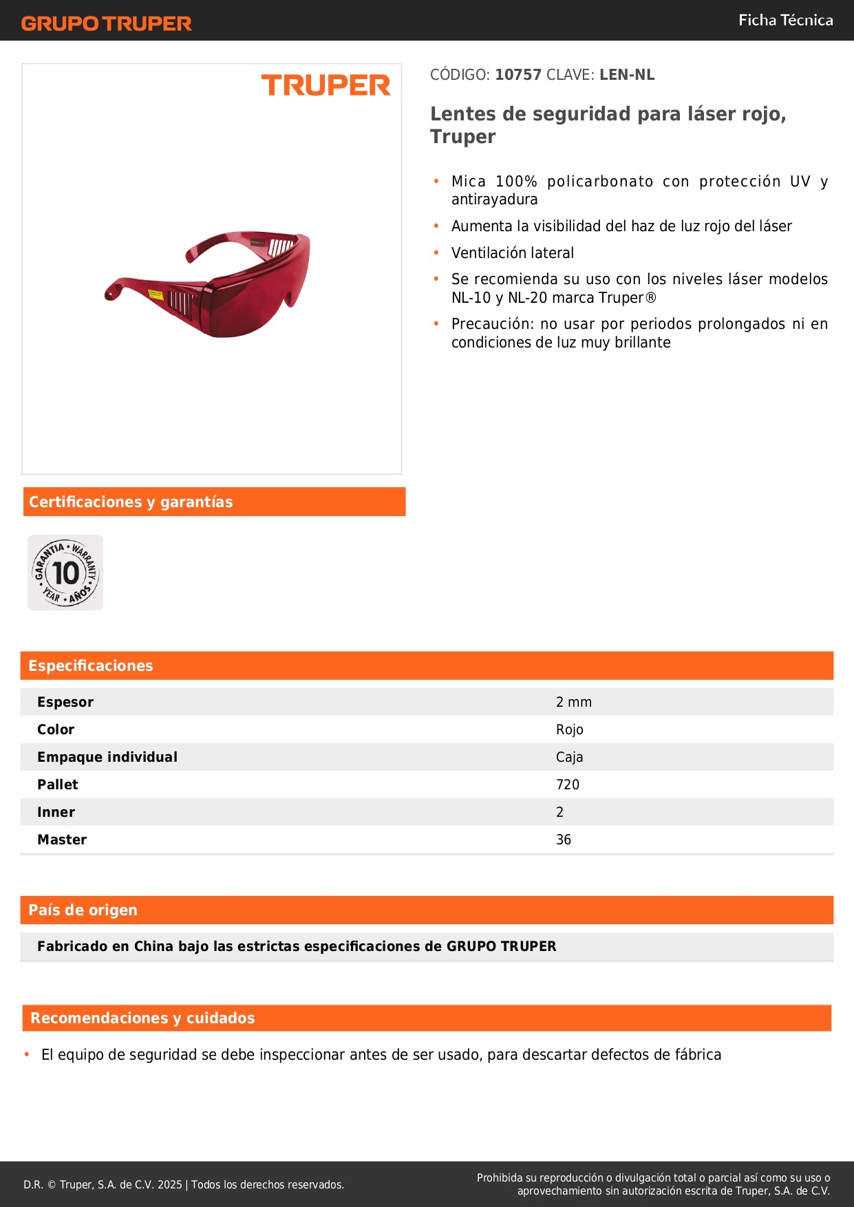 Lentes de Seguridad Láser Rojo Truper LEN-NL - Protección UV Policarbonato para Niveles Láser