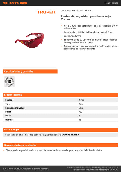 Lentes de Seguridad Láser Rojo Truper LEN-NL - Protección UV Policarbonato para Niveles Láser