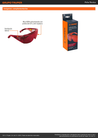 Lentes de Seguridad Láser Rojo Truper LEN-NL - Protección UV Policarbonato para Niveles Láser