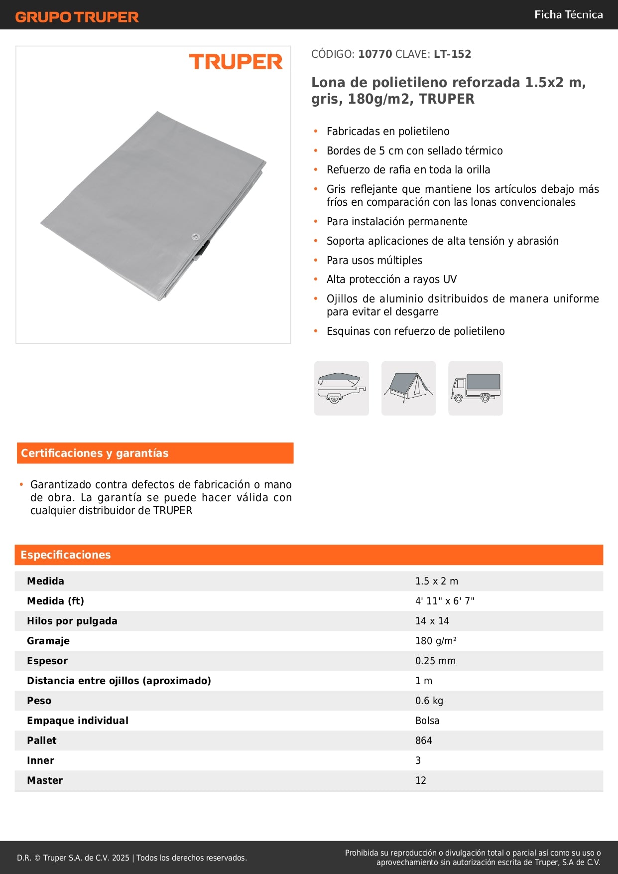 Lona Polietileno Reforzada 1.5x2m TRUPER LT-152 - Protección UV Resistente Abrasión Gris Reflejante 180g/m2