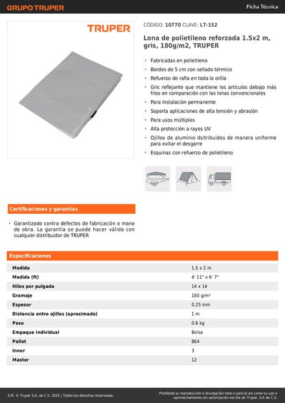 Lona Polietileno Reforzada 1.5x2m TRUPER LT-152 - Protección UV Resistente Abrasión Gris Reflejante 180g/m2
