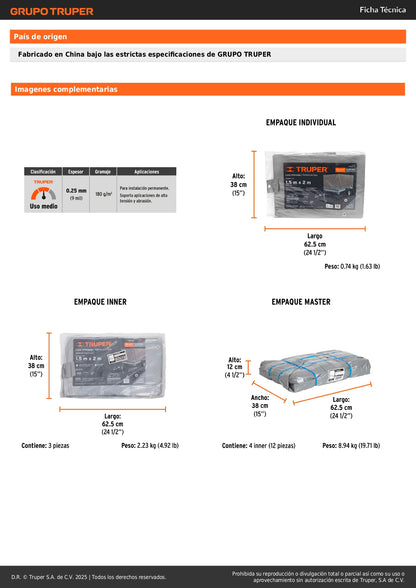 Lona Polietileno Reforzada 1.5x2m TRUPER LT-152 - Protección UV Resistente Abrasión Gris Reflejante 180g/m2