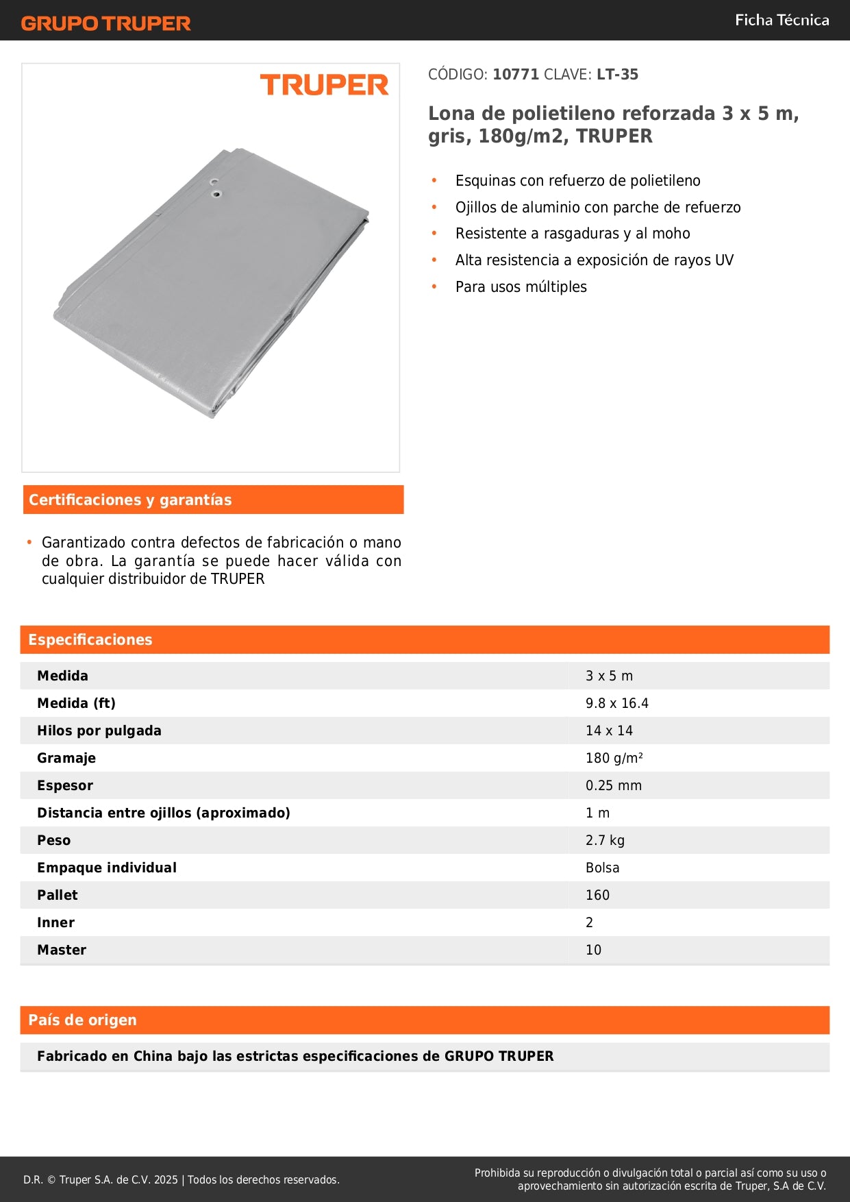Lona Polietileno Reforzada 3x5m TRUPER LT-35 - Protección UV Resistente Rasgaduras Gris 180g/m2 Anti-Moho