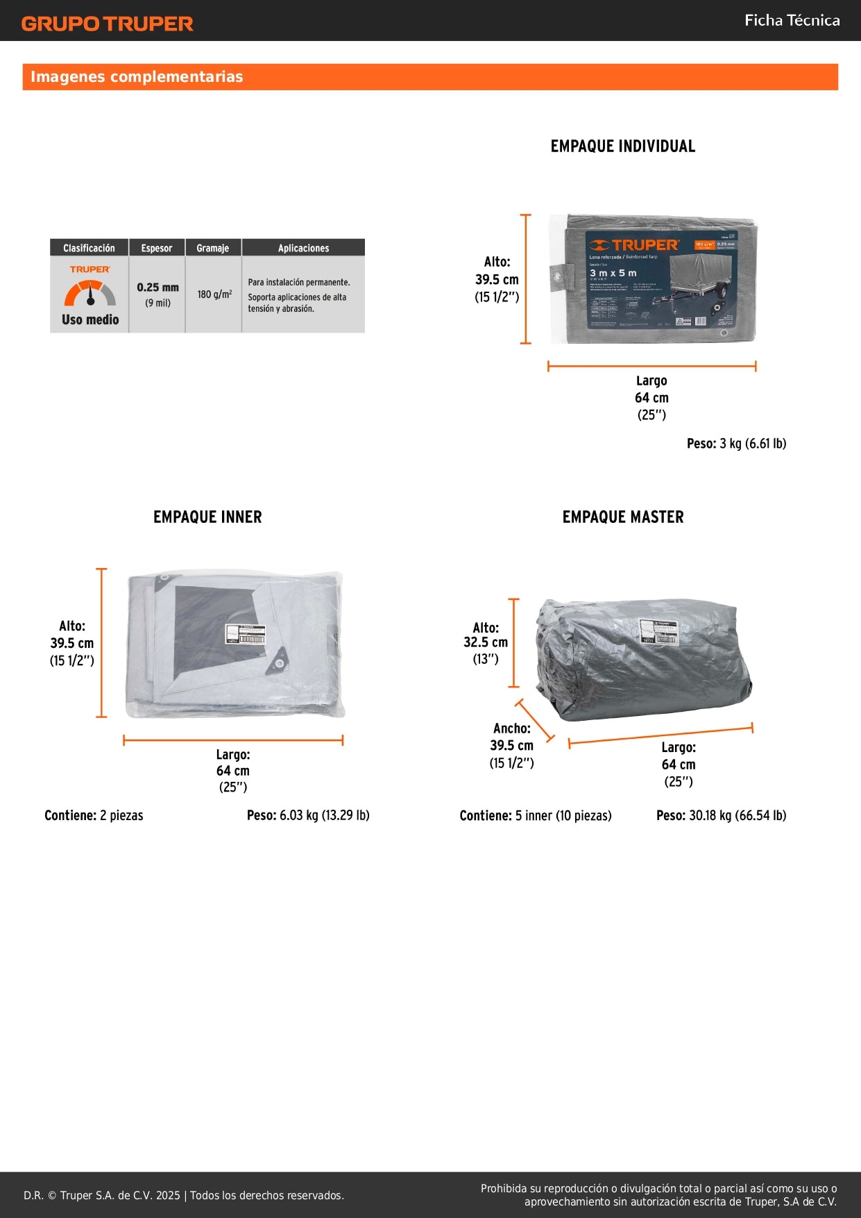 Lona Polietileno Reforzada 3x5m TRUPER LT-35 - Protección UV Resistente Rasgaduras Gris 180g/m2 Anti-Moho