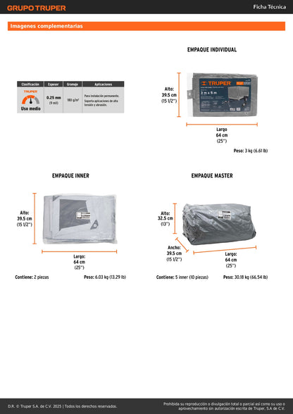 Lona Polietileno Reforzada 3x5m TRUPER LT-35 - Protección UV Resistente Rasgaduras Gris 180g/m2 Anti-Moho