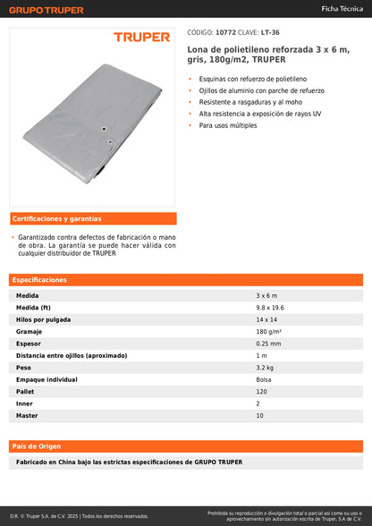 Lona Polietileno Reforzada 3x6m TRUPER LT-36 - Protección UV Resistente Rasgaduras Gris 180g/m2 Anti-Moho
