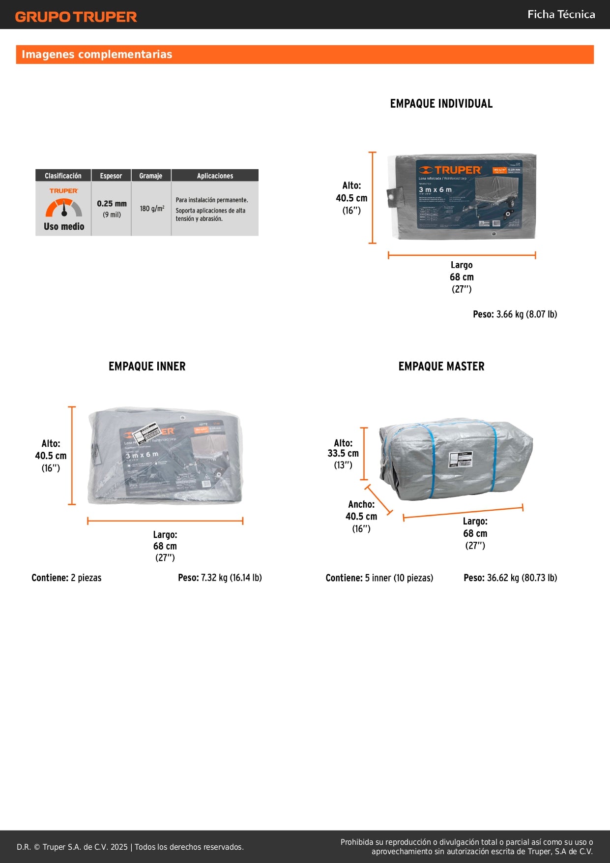 Lona Polietileno Reforzada 3x6m TRUPER LT-36 - Protección UV Resistente Rasgaduras Gris 180g/m2 Anti-Moho