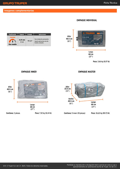 Lona Polietileno Reforzada 3x6m TRUPER LT-36 - Protección UV Resistente Rasgaduras Gris 180g/m2 Anti-Moho