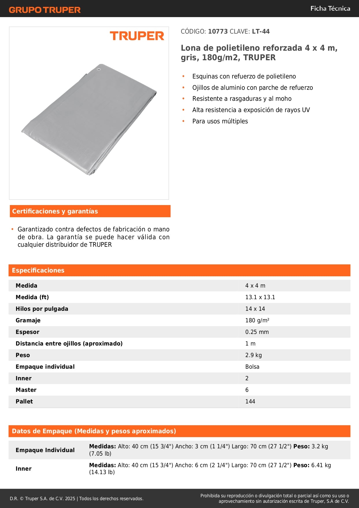 Lona de Polietileno Reforzada TRUPER 4x4m Gris 180g/m² - Protección Impermeable UV Resistente para Construcción, Jardinería y Cubiertas Exteriores - Modelo LT-44