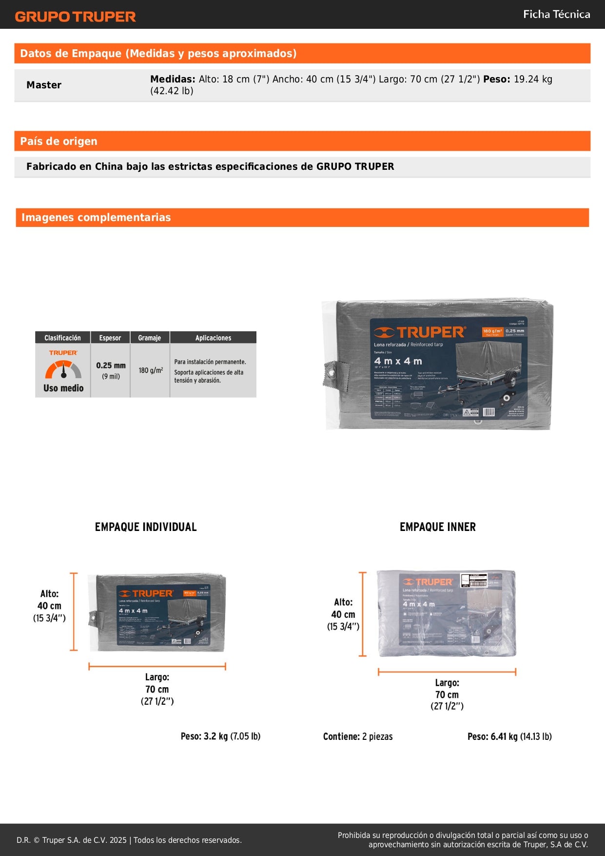 Lona de Polietileno Reforzada TRUPER 4x4m Gris 180g/m² - Protección Impermeable UV Resistente para Construcción, Jardinería y Cubiertas Exteriores - Modelo LT-44