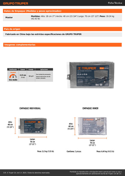 Lona de Polietileno Reforzada TRUPER 4x4m Gris 180g/m² - Protección Impermeable UV Resistente para Construcción, Jardinería y Cubiertas Exteriores - Modelo LT-44