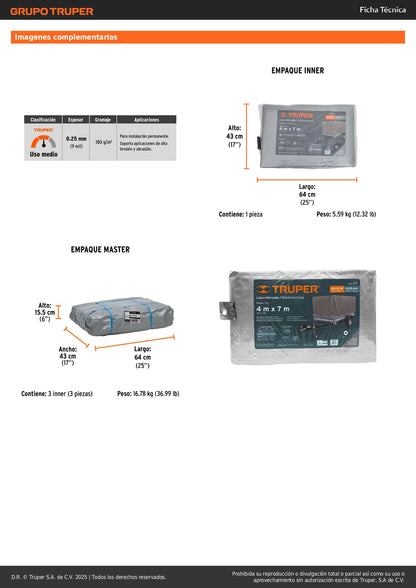 Lona Polietileno Reforzada 4x7m Gris 180g/m² TRUPER - Protección UV Resistente Rasgaduras Impermeabilización