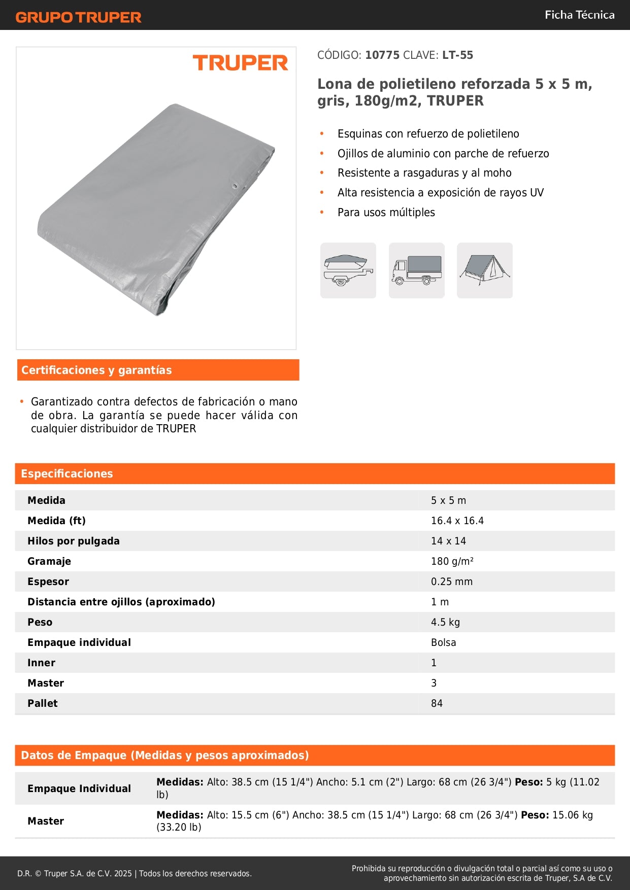 Lona de Polietileno Reforzada TRUPER 5x5m Gris 180g/m² - Protección UV Resistente a Rasgaduras y Moho para Exteriores - LT-55