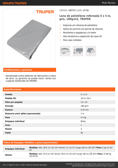 Lona de Polietileno Reforzada TRUPER 5x5m Gris 180g/m² - Protección UV Resistente a Rasgaduras y Moho para Exteriores - LT-55