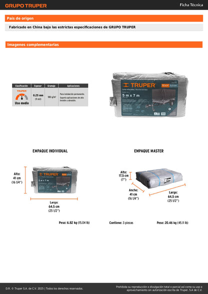 Lona Polietileno Reforzada 5x7m TRUPER LT-57 - Protección UV Resistente Rasgaduras Gris 180g/m2