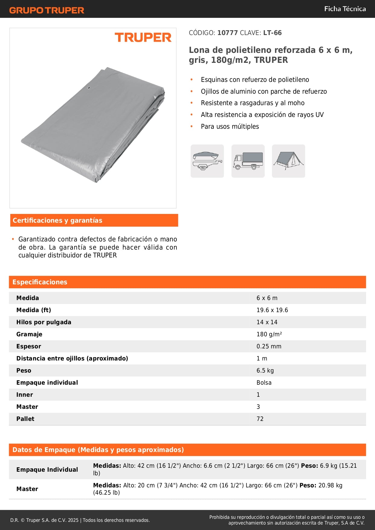 Lona Impermeable Reforzada 6x6m TRUPER LT-66 - Protección UV Resistente Rasgaduras Gris 180g/m2