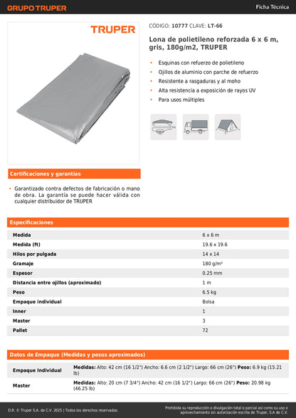 Lona Impermeable Reforzada 6x6m TRUPER LT-66 - Protección UV Resistente Rasgaduras Gris 180g/m2