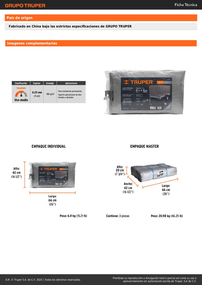 Lona Impermeable Reforzada 6x6m TRUPER LT-66 - Protección UV Resistente Rasgaduras Gris 180g/m2