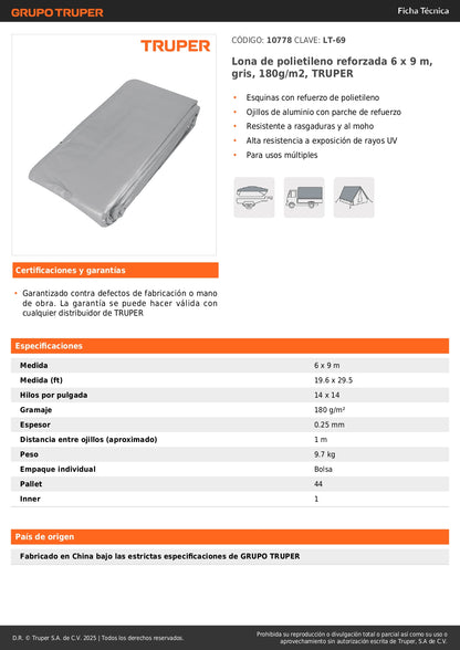 Lona Polietileno Reforzada 6x9m TRUPER LT-69 - Protección UV Resistente Rasgaduras Gris 180g/m² Ojillos Aluminio