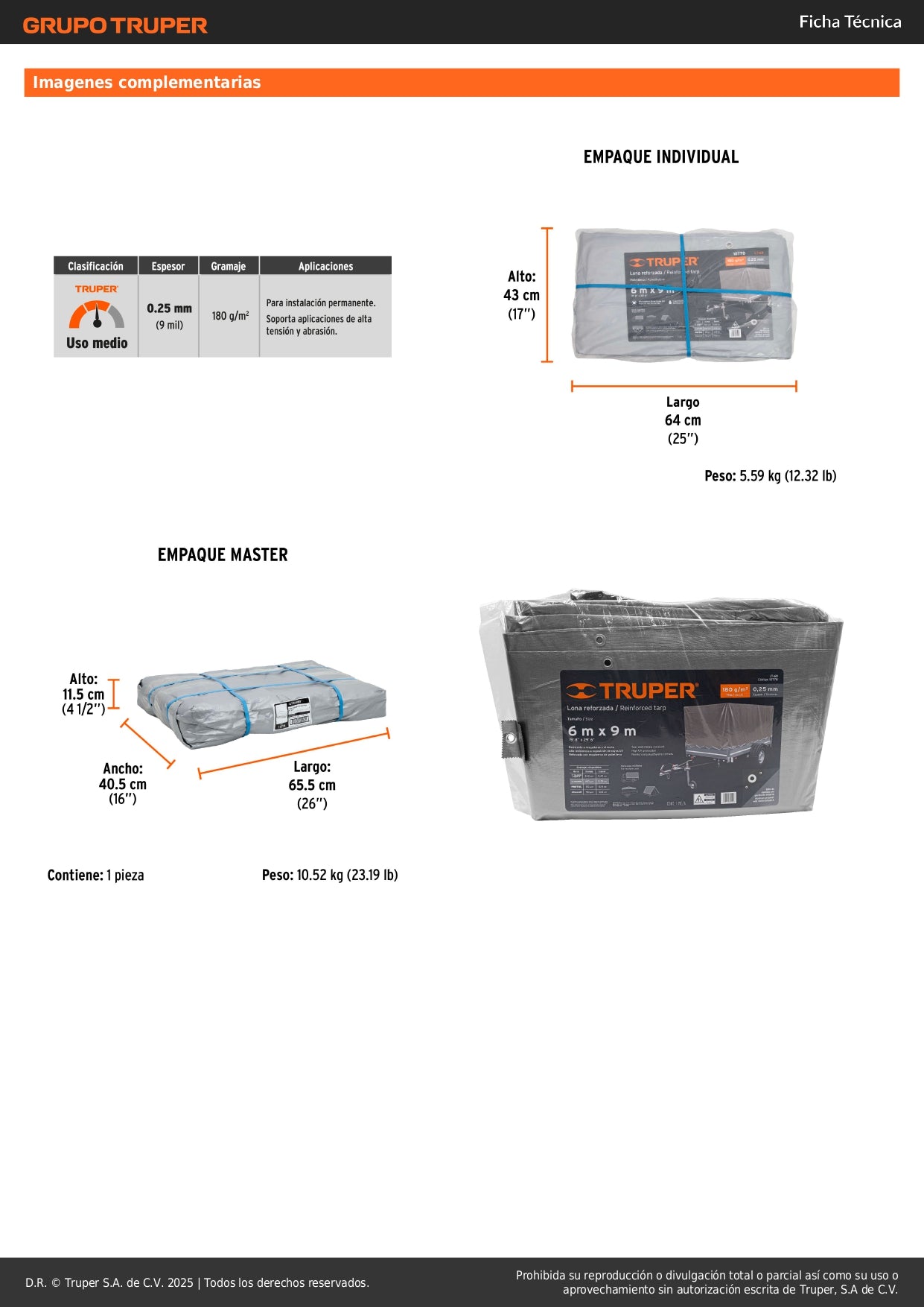 Lona Polietileno Reforzada 6x9m TRUPER LT-69 - Protección UV Resistente Rasgaduras Gris 180g/m² Ojillos Aluminio