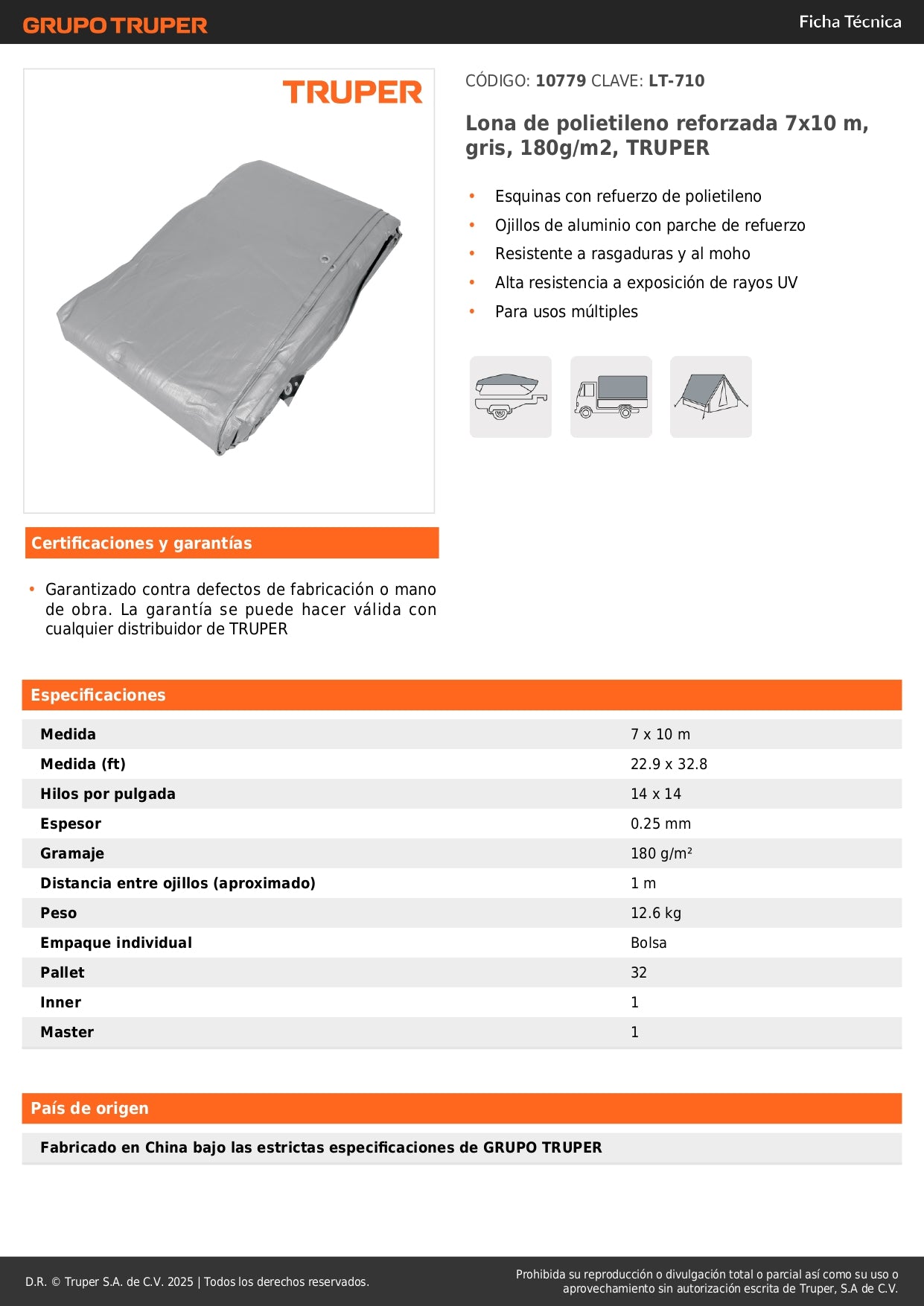 Lona Polietileno Reforzada 7x10m TRUPER LT-710 - Protección UV Resistente Rasgaduras Gris 180g/m2