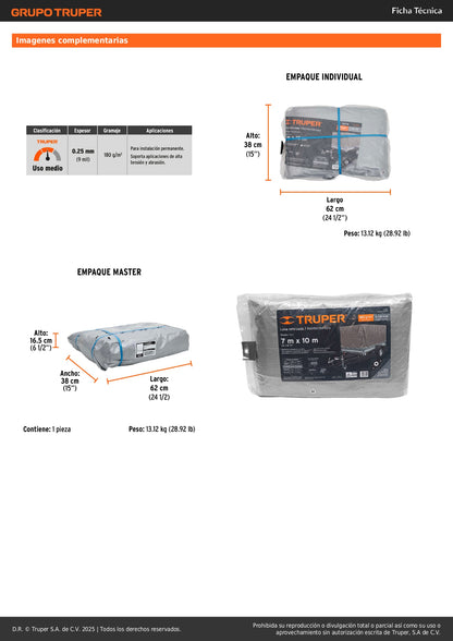 Lona Polietileno Reforzada 7x10m TRUPER LT-710 - Protección UV Resistente Rasgaduras Gris 180g/m2