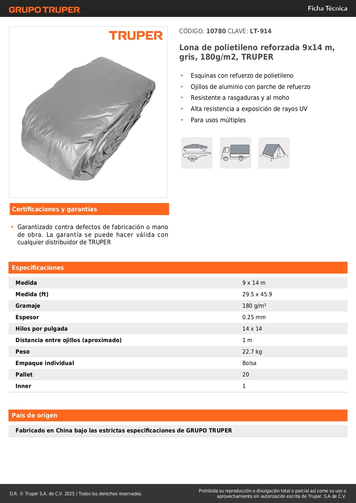 Lona de Polietileno Reforzada TRUPER 9x14m - Protección Impermeable Resistente UV - Gris 180g/m² con Ojillos de Aluminio - Solución Profesional Contra Intemperie