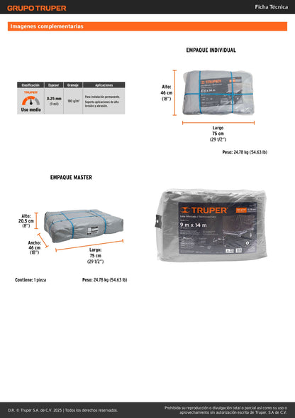 Lona de Polietileno Reforzada TRUPER 9x14m - Protección Impermeable Resistente UV - Gris 180g/m² con Ojillos de Aluminio - Solución Profesional Contra Intemperie