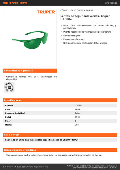 Lentes de Seguridad Verdes Truper Ultralite LEN-LS5 - Protección UV Antirayadura para Industria Construcción Taller - Policarbonato Ultraligero