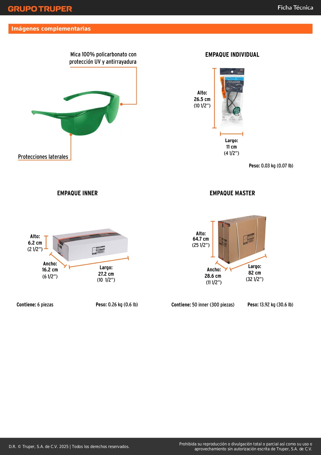 Lentes de Seguridad Verdes Truper Ultralite LEN-LS5 - Protección UV Antirayadura para Industria Construcción Taller - Policarbonato Ultraligero