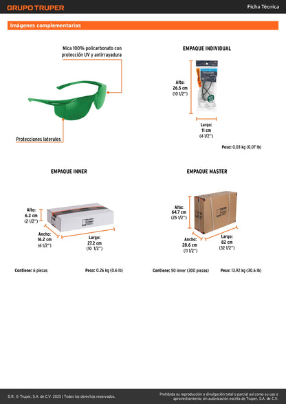 Lentes de Seguridad Verdes Truper Ultralite LEN-LS5 - Protección UV Antirayadura para Industria Construcción Taller - Policarbonato Ultraligero