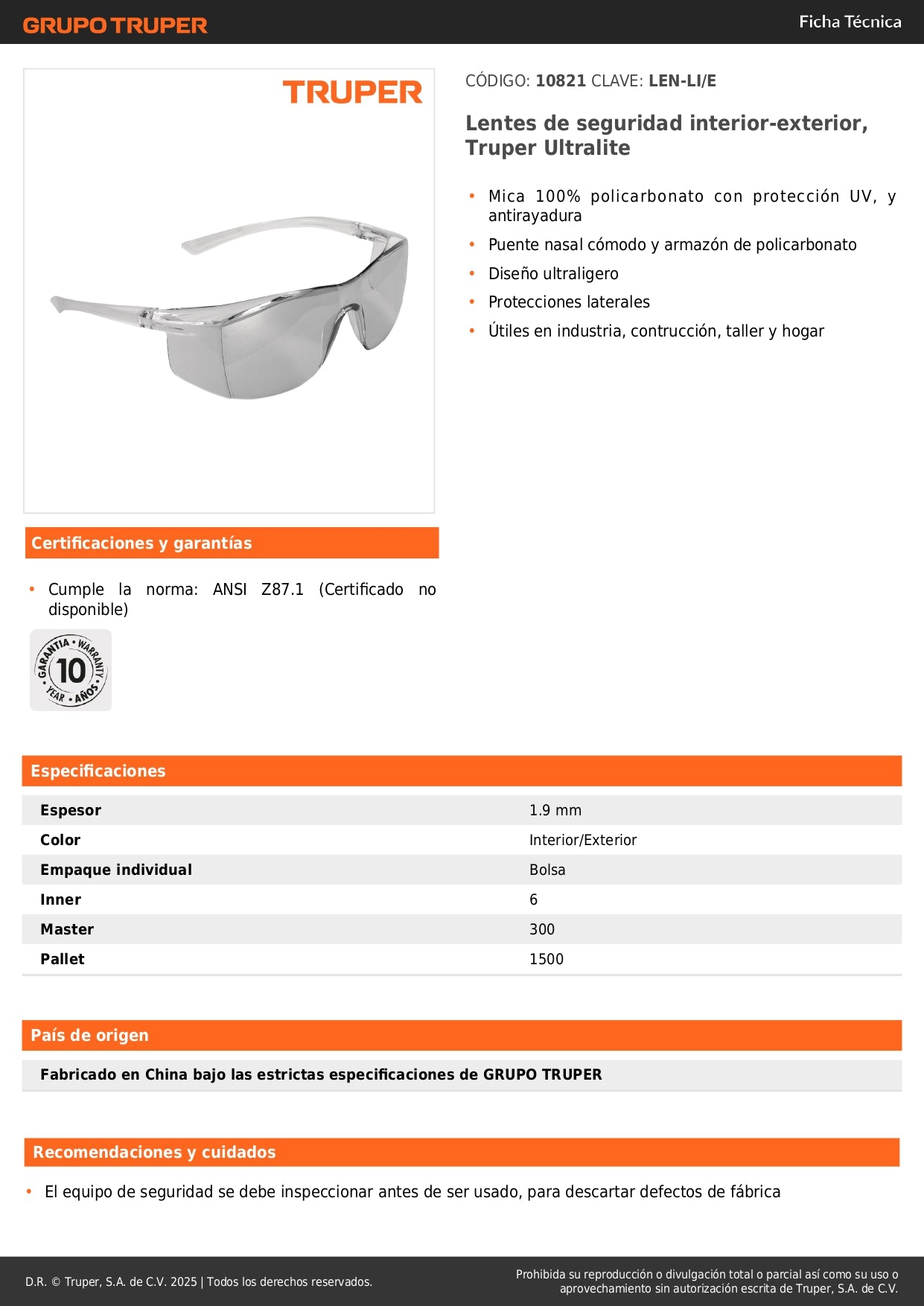 Lentes de Seguridad Truper Ultralite Interior-Exterior - Protección UV Antirayadura Policarbonato - Solución Profesional para Industria Construcción Taller