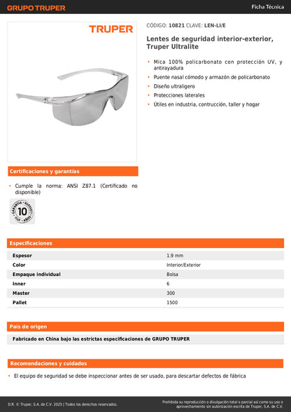 Lentes de Seguridad Truper Ultralite Interior-Exterior - Protección UV Antirayadura Policarbonato - Solución Profesional para Industria Construcción Taller