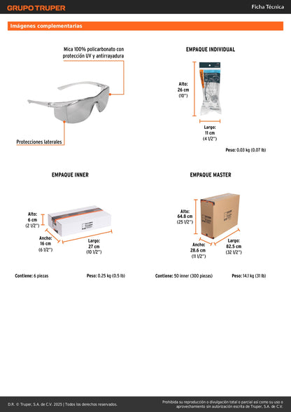 Lentes de Seguridad Truper Ultralite Interior-Exterior - Protección UV Antirayadura Policarbonato - Solución Profesional para Industria Construcción Taller