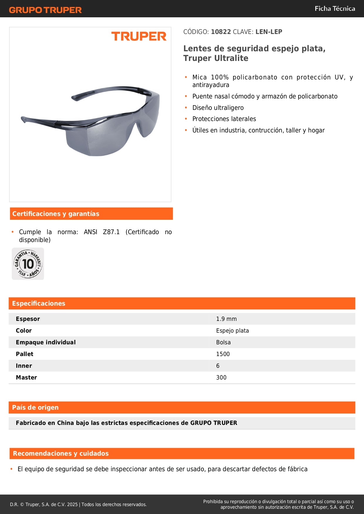 Lentes de Seguridad Truper Ultralite Espejo Plata - Protección UV Antirayadura Policarbonato - Industria Construcción Taller - LEN-LEP