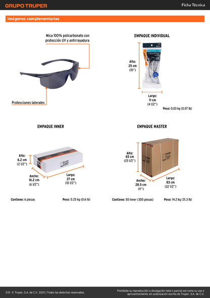 Lentes de Seguridad Truper Ultralite Espejo Azul - Protección UV Antirayadura Policarbonato - Solución Profesional para Industria Construcción Taller - LEN-LEZ