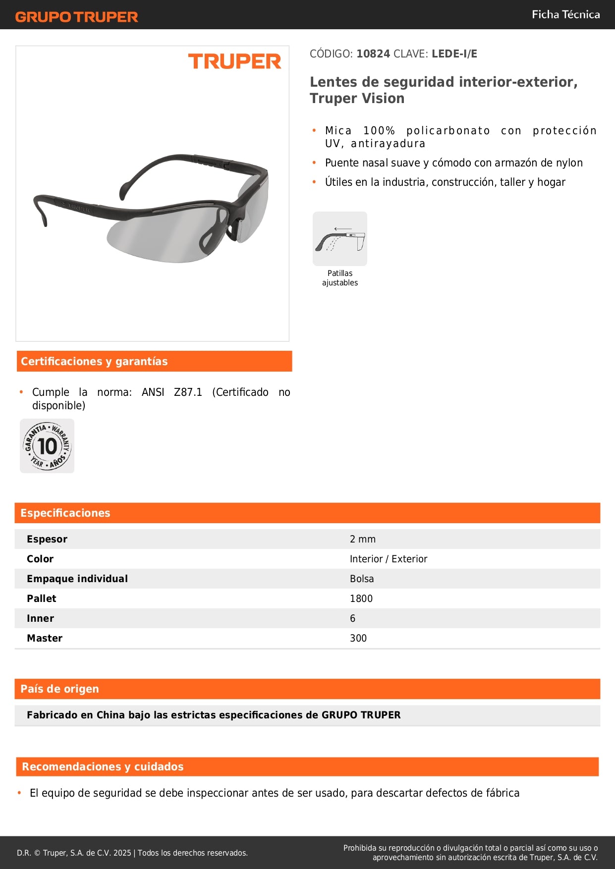 Lentes de Seguridad Interior-Exterior Truper Vision LEDE-I/E - Protección UV Antirayadura Policarbonato - Industria Construcción Taller