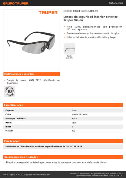 Lentes de Seguridad Interior-Exterior Truper Vision LEDE-I/E - Protección UV Antirayadura Policarbonato - Industria Construcción Taller