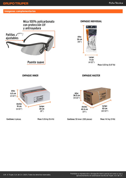Lentes de Seguridad Interior-Exterior Truper Vision LEDE-I/E - Protección UV Antirayadura Policarbonato - Industria Construcción Taller
