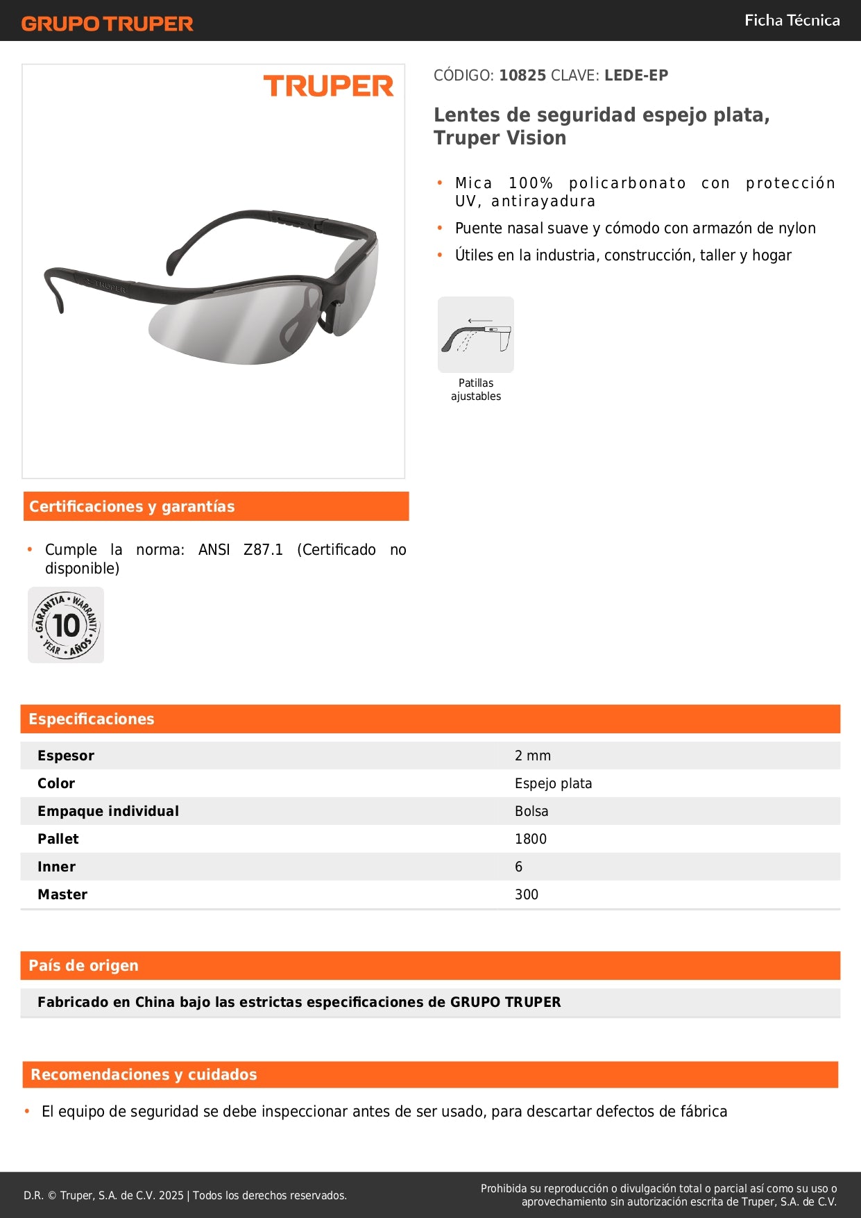 Lentes de Seguridad Espejo Plata TRUPER Vision LEDE-EP - Protección UV Antirayadura para Industria Construcción y Taller