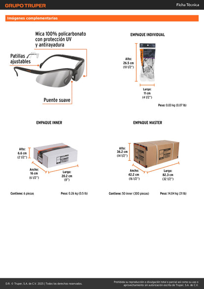 Lentes de Seguridad Espejo Plata TRUPER Vision LEDE-EP - Protección UV Antirayadura para Industria Construcción y Taller