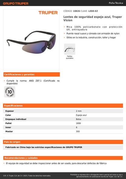 Lentes de Seguridad Truper LEDE-EZ Espejo Azul - Protección UV Antirayadura para Industria y Construcción