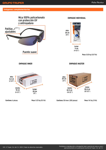 Lentes de Seguridad Truper LEDE-EZ Espejo Azul - Protección UV Antirayadura para Industria y Construcción