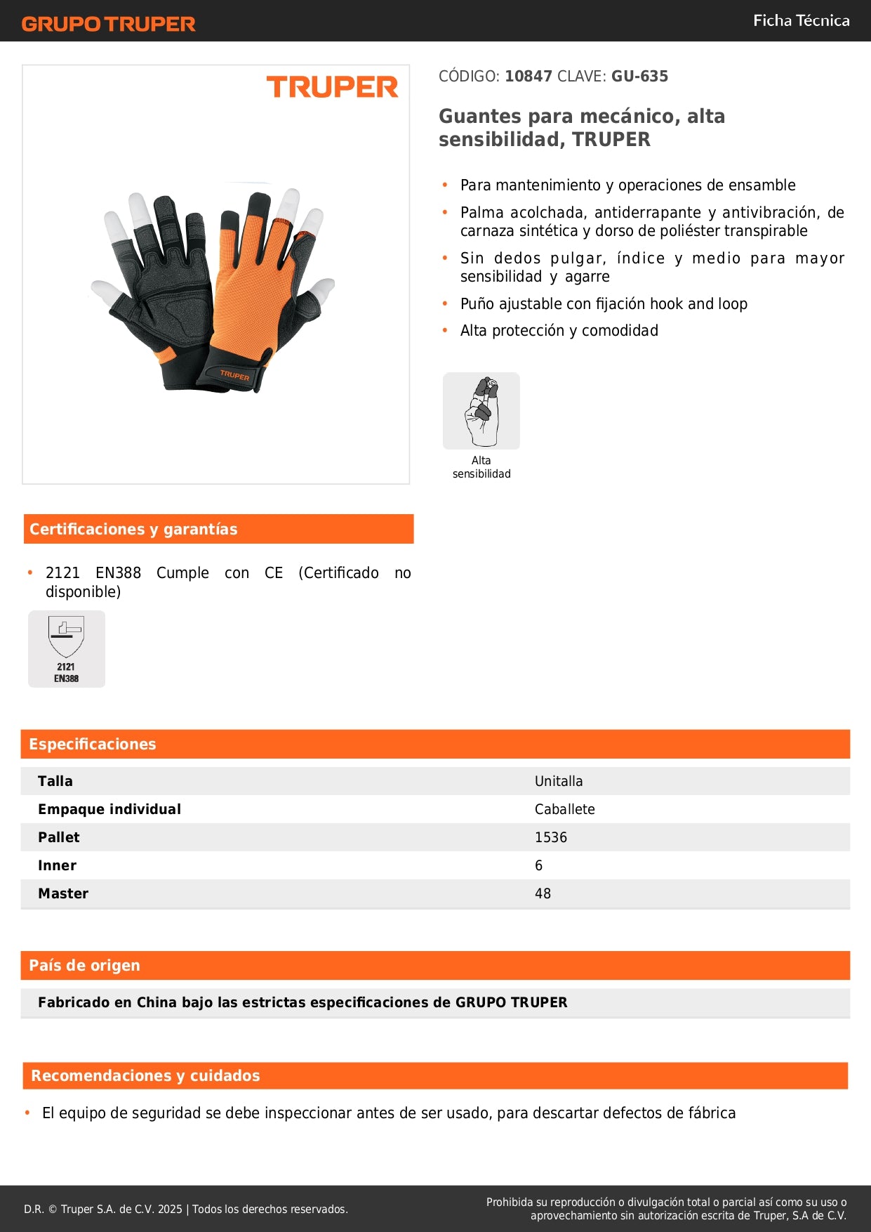 Guantes Mecánico TRUPER GU-635 Sin Dedos Alta Sensibilidad - Palma Antiderrapante Antivibración Carnaza Sintética - Solución Profesional para Mantenimiento y Ensamble Preciso