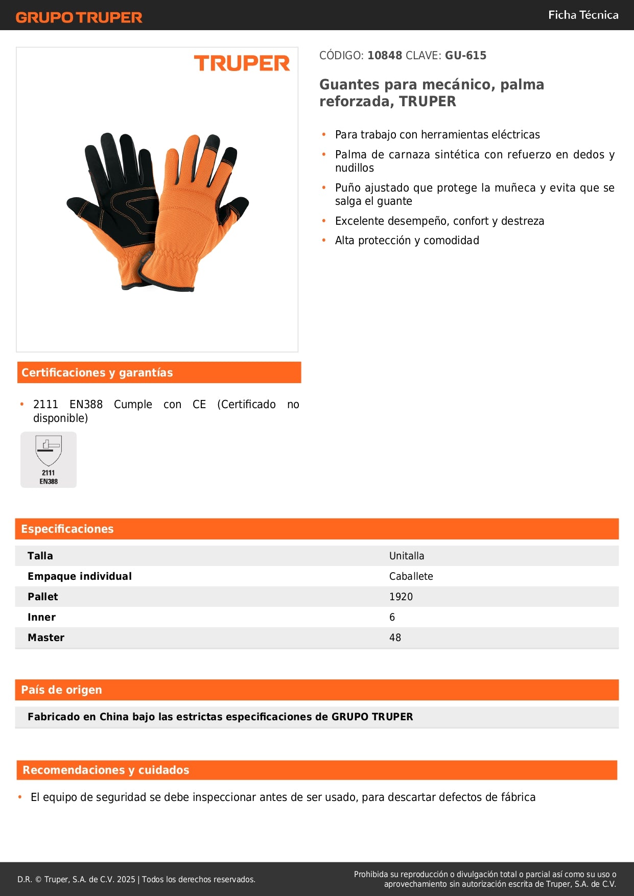 Guantes Mecánico TRUPER GU-615 Palma Reforzada Carnaza Sintética - Protección Profesional Herramientas Eléctricas