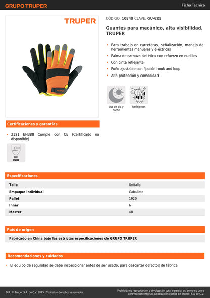 Guantes Mecánico Alta Visibilidad TRUPER GU-625 - Protección Profesional Carreteras Señalización