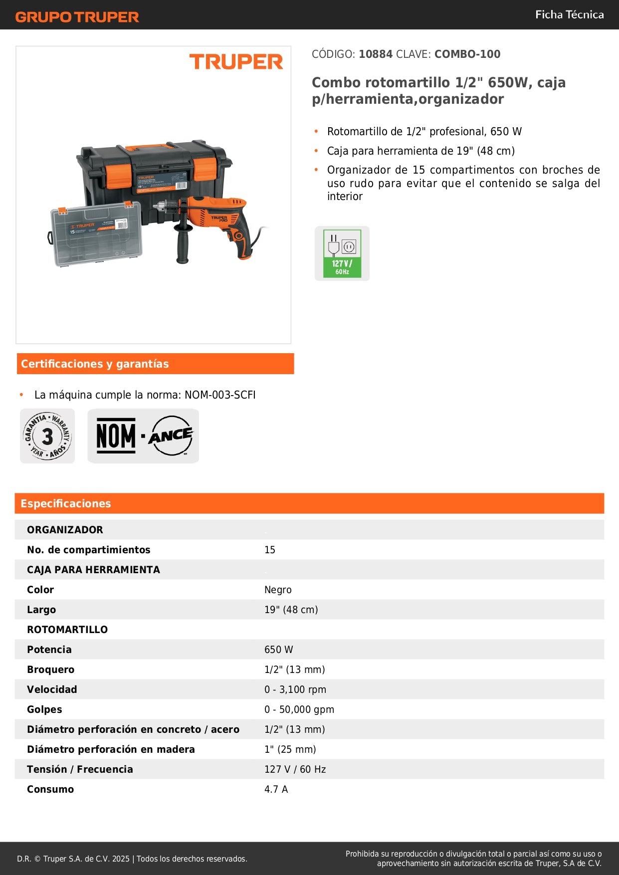 Combo Rotomartillo Profesional 1/2" 650W + Caja Herramientas 19" + Organizador 15 Compartimentos - Solución Completa para Perforación y Almacenamiento